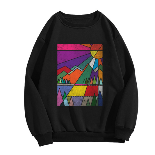 Geometric Mountains Sunset Crewneck Sweatshirt - Retro Outdoor Landscape Pullover, Colorful Nature Art, Vintage Scenery Top