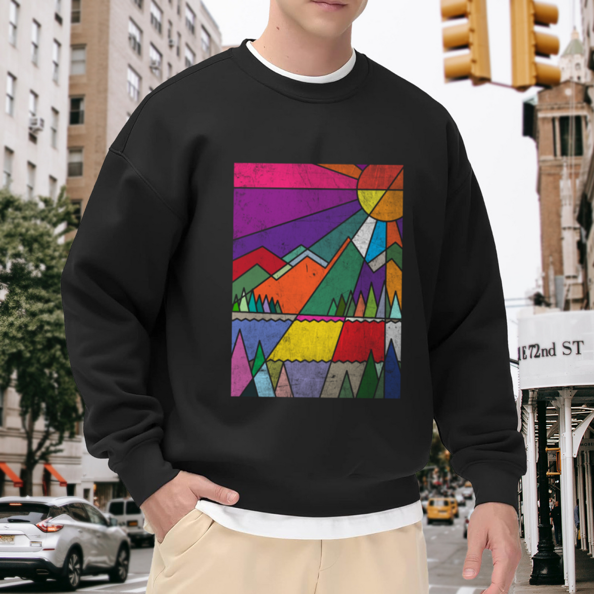 Geometric Mountains Sunset Crewneck Sweatshirt - Retro Outdoor Landscape Pullover, Colorful Nature Art, Vintage Scenery Top