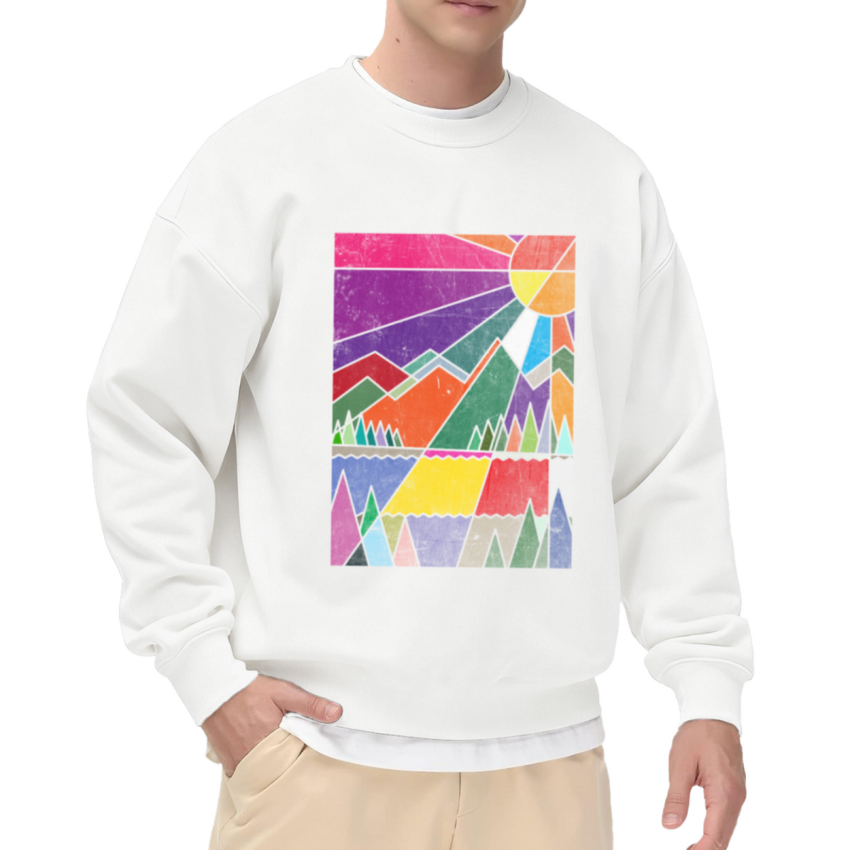 Geometric Mountains Sunset Crewneck Sweatshirt - Retro Outdoor Landscape Pullover, Colorful Nature Art, Vintage Scenery Top