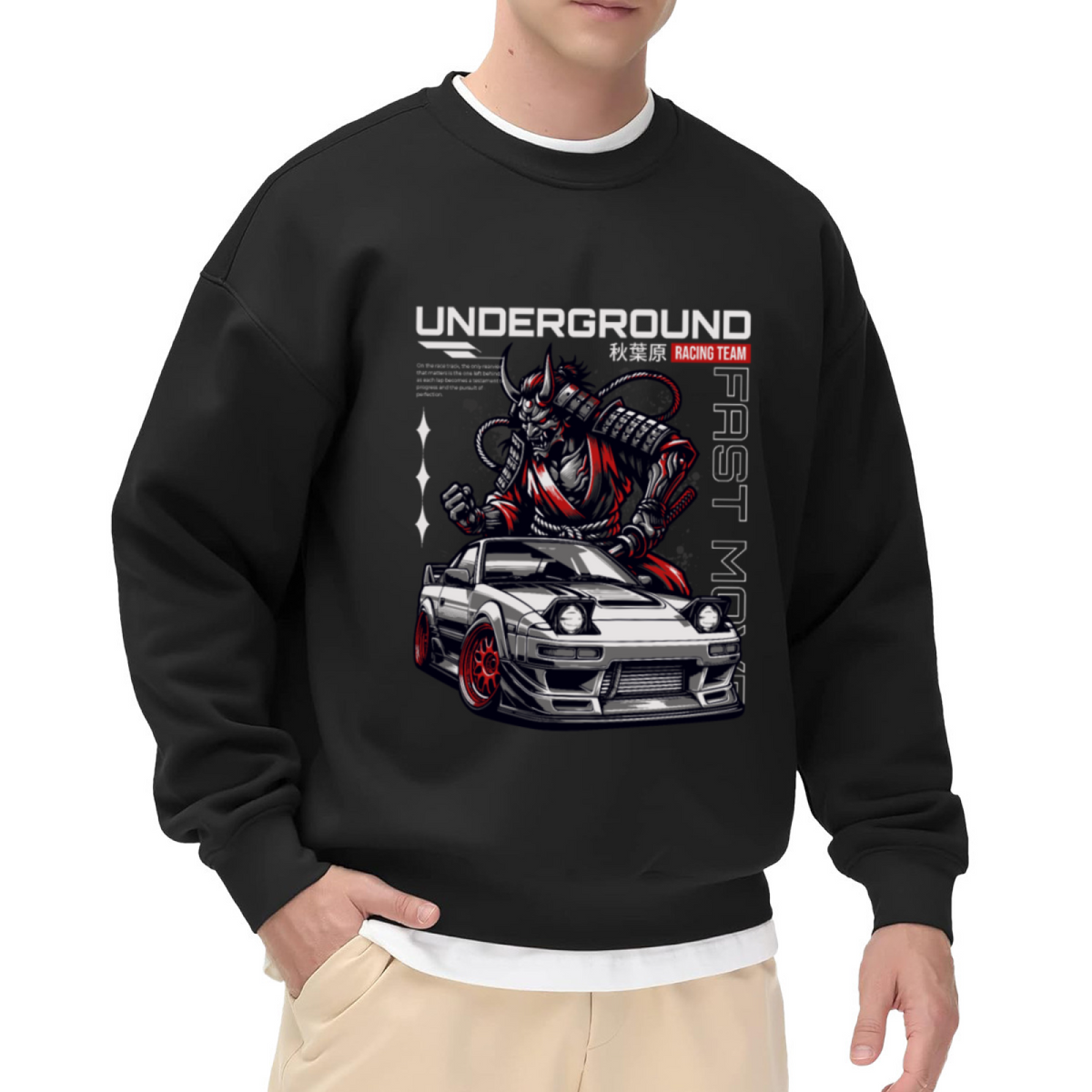 Underground Racing Team Sweatshirt | Samurai Demon Sports Car Graphic Crewneck, JDM Street Racing Pullover Top, Car Enthusiast Gift for Men Women