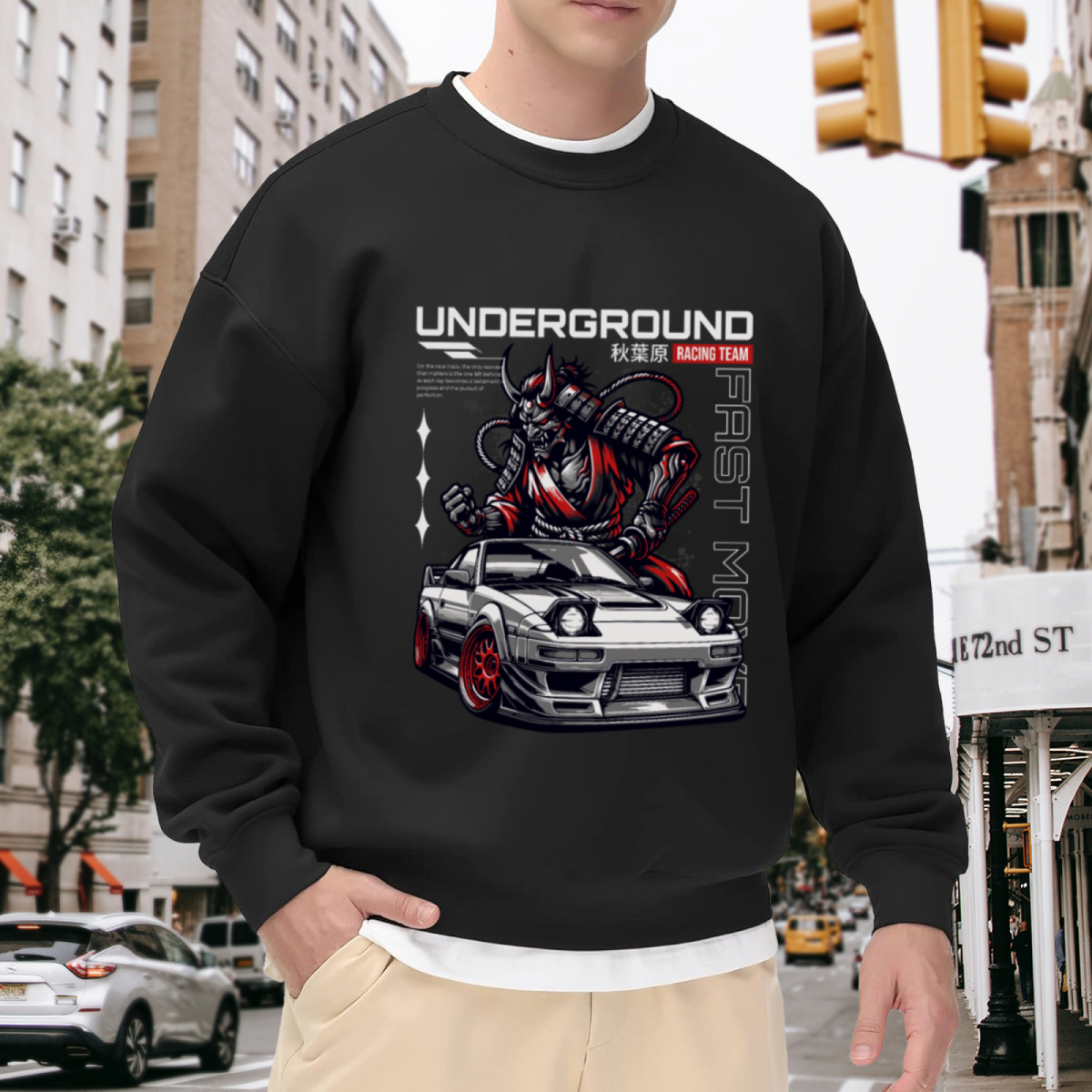 Underground Racing Team Sweatshirt | Samurai Demon Sports Car Graphic Crewneck, JDM Street Racing Pullover Top, Car Enthusiast Gift for Men Women