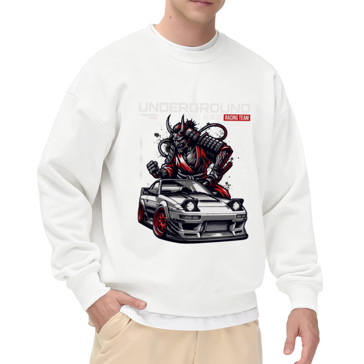 Underground Racing Team Sweatshirt | Samurai Demon Sports Car Graphic Crewneck, JDM Street Racing Pullover Top, Car Enthusiast Gift for Men Women