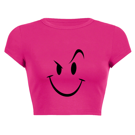 Mischievous Wink Smiley Face Hot Pink Crop Tee