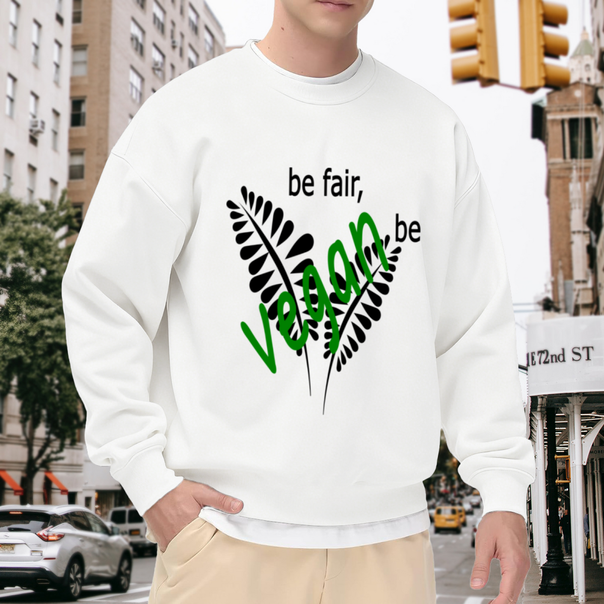 Be Fair Be Vegan Fern Crewneck Sweatshirt | Plant Based Lifestyle Pullover, Hand-Lettered Leaves Graphic Top, Vegan Gift