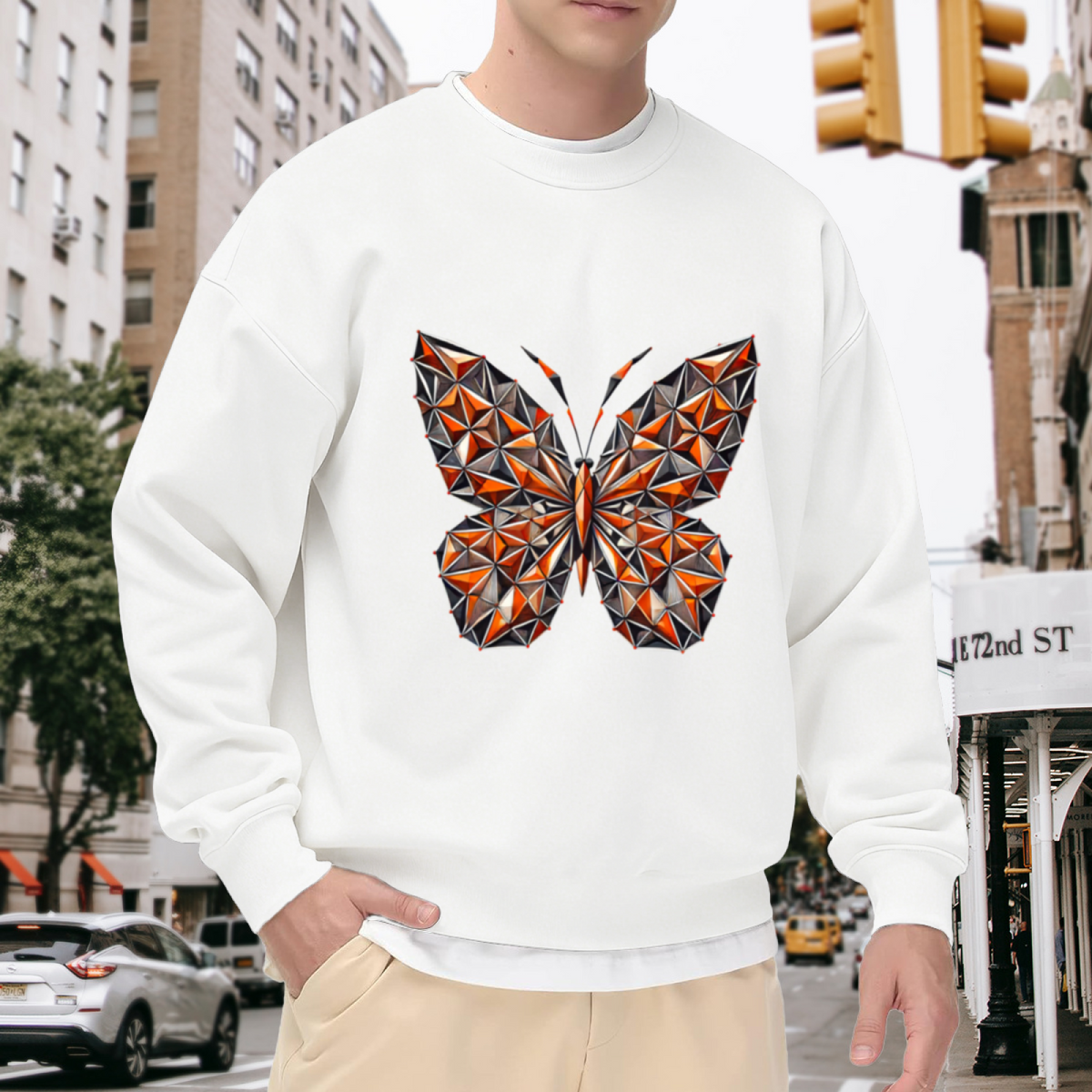Geometric Crystal Butterfly Crewneck Sweatshirt, Low Poly Faceted Gem Insect Graphic Pullover, Modern Abstract Art Casual Wear