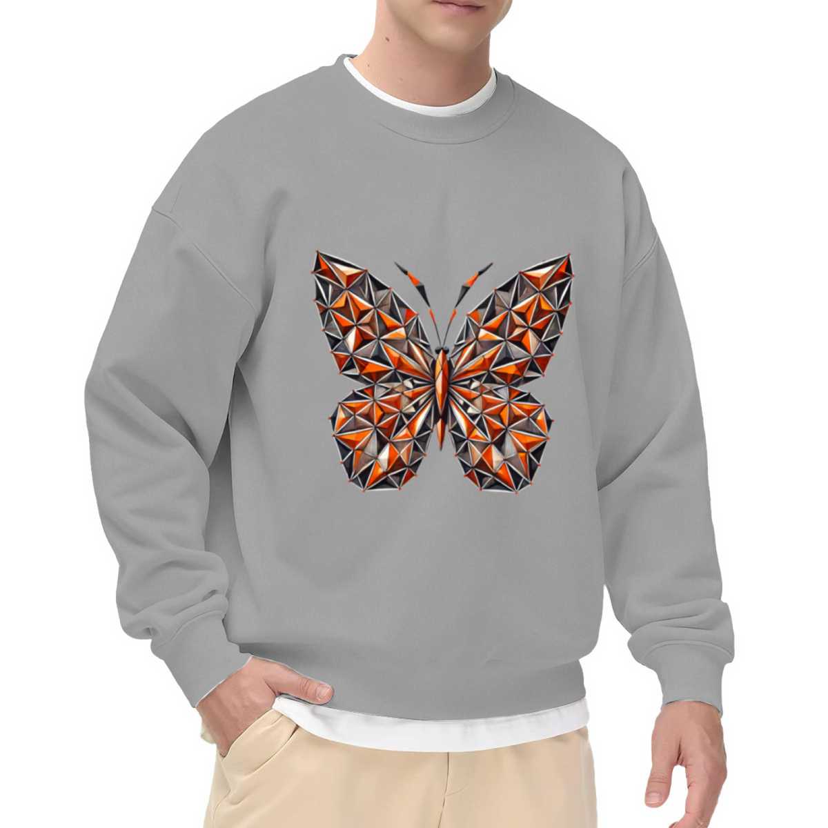 Geometric Crystal Butterfly Crewneck Sweatshirt, Low Poly Faceted Gem Insect Graphic Pullover, Modern Abstract Art Casual Wear