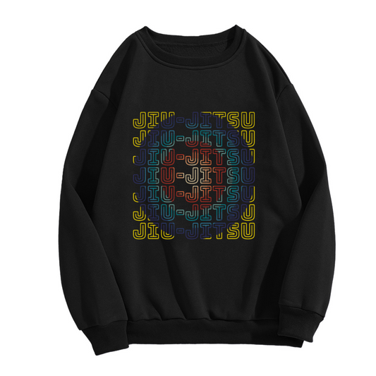 Jiu-Jitsu Repeated Gradient Crewneck Sweatshirt | BJJ Martial Arts Pullover, Retro Neon Outline Lettering Top, Jiu Jitsu Fighter Gift