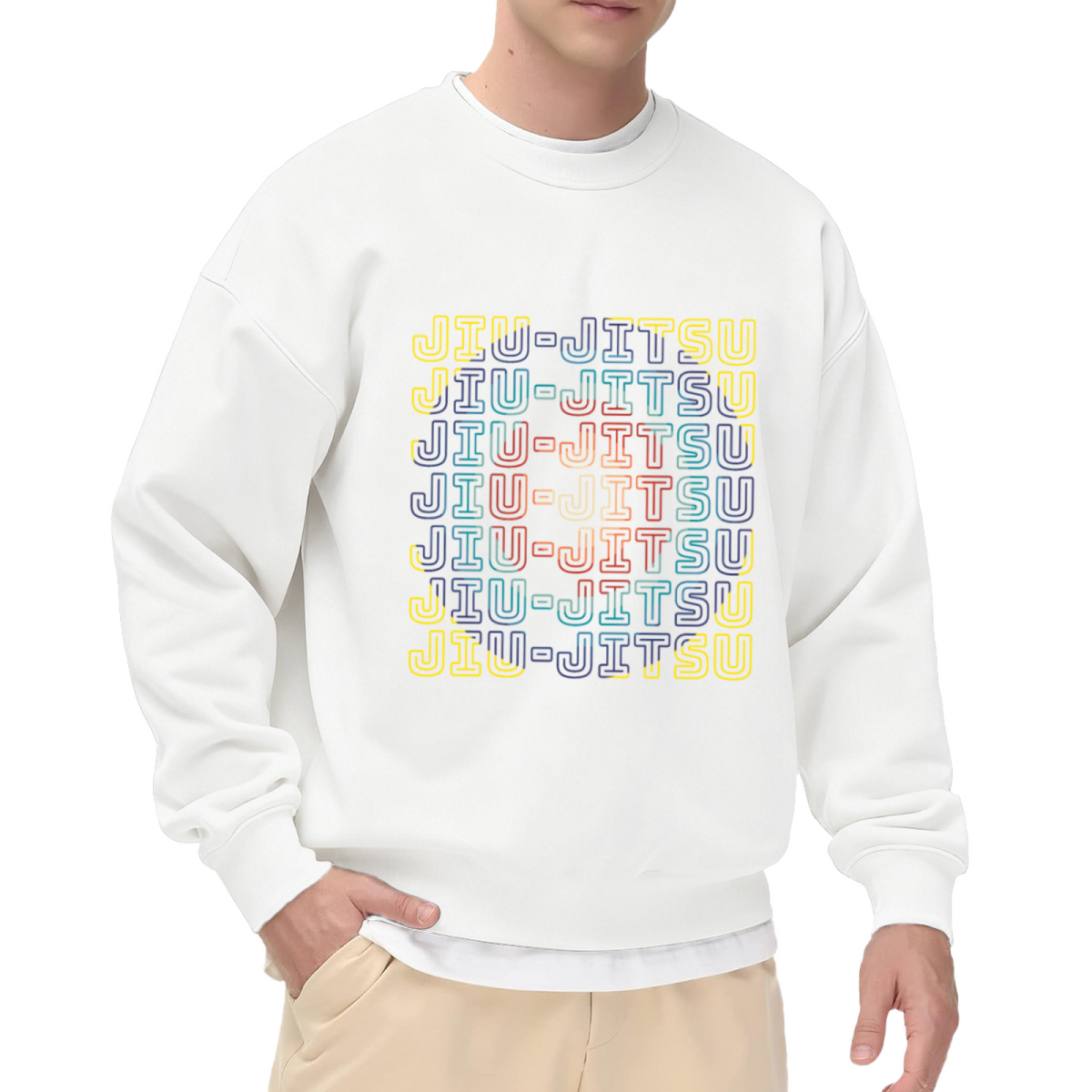 Jiu-Jitsu Repeated Gradient Crewneck Sweatshirt | BJJ Martial Arts Pullover, Retro Neon Outline Lettering Top, Jiu Jitsu Fighter Gift