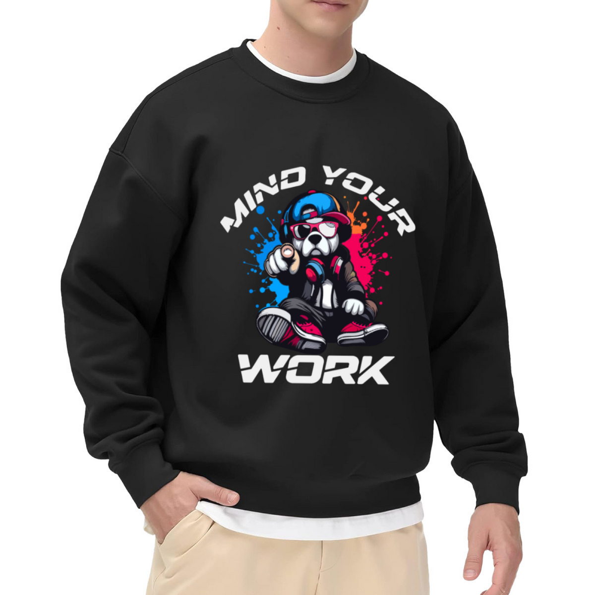 Mind Your Work Cool Bulldog Crewneck Sweatshirt | Streetwear Cartoon Dog Pullover, Graffiti Hip Hop Graphic Top, Funny Gift