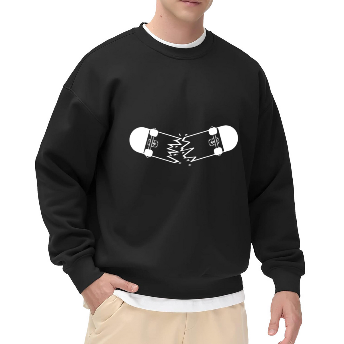 Broken Skateboard Crewneck Sweatshirt | Minimalist Streetwear Graphic Pullover, Monochrome Skate Art Top, Skater Gift