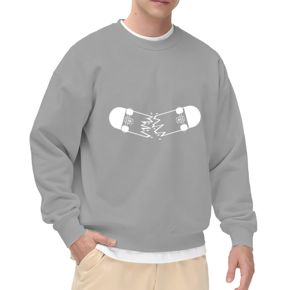 Broken Skateboard Crewneck Sweatshirt | Minimalist Streetwear Graphic Pullover, Monochrome Skate Art Top, Skater Gift