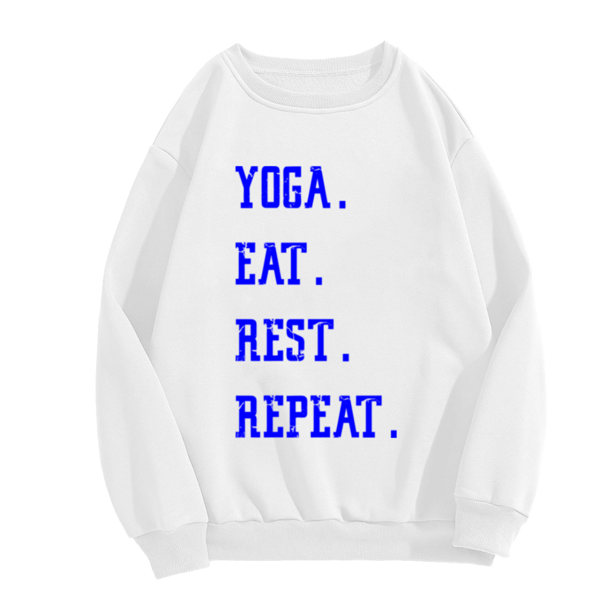 Yoga Eat Rest Repeat Crewneck Sweatshirt | Funny Yoga Lover Pullover, Distressed Lettering Graphic Top, Fitness Gift