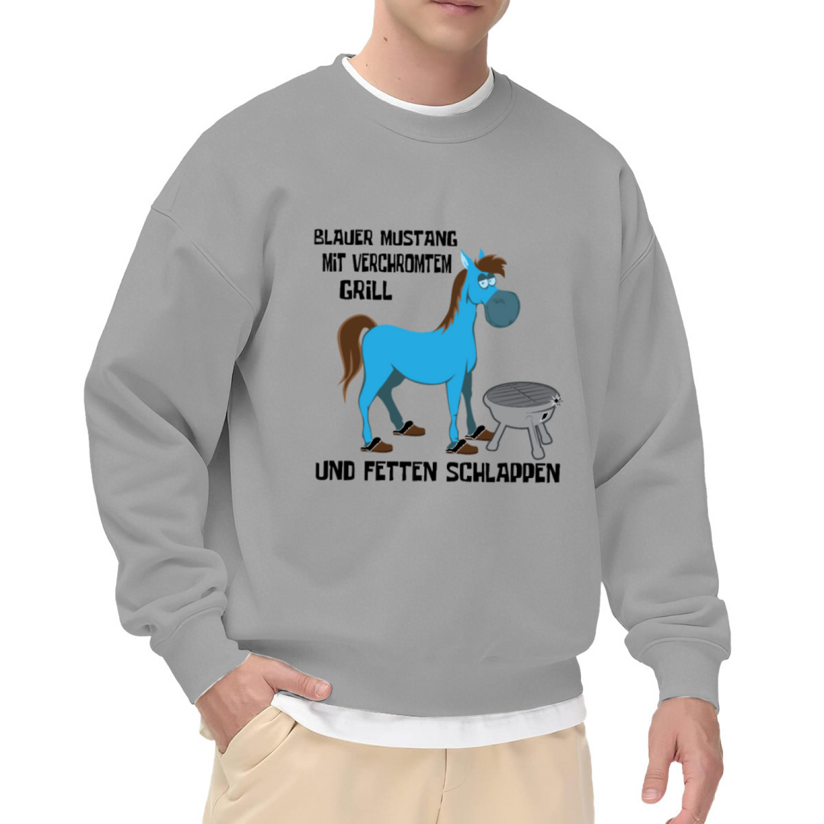 Blue Mustang Cartoon Sweatshirt | Funny Horse Grill Graphic Crewneck, German Text Humor Pullover Top, BBQ Lover Gift for Men Women