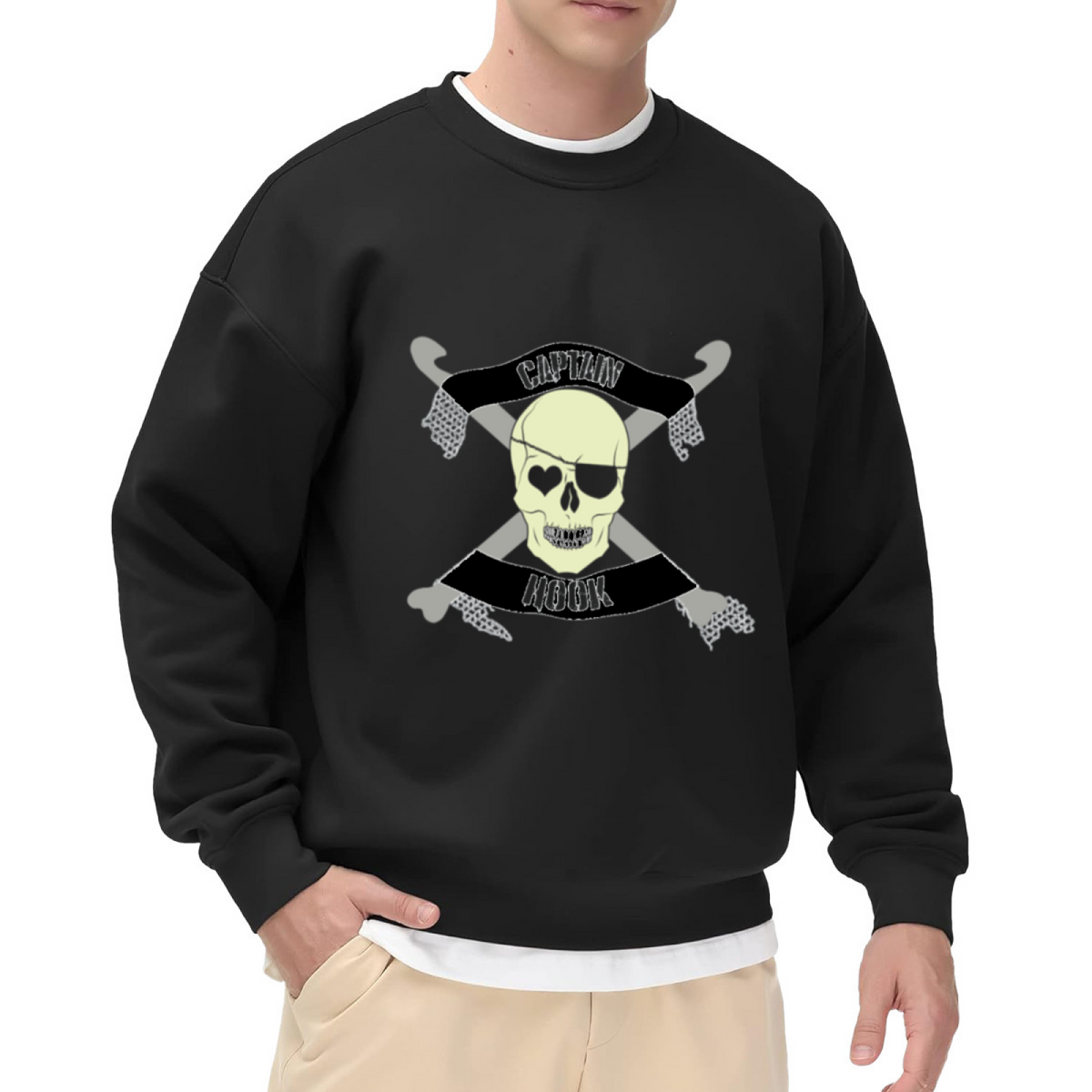 Captain Hook Skull Crossed Hooks Crewneck Sweatshirt, Vintage Pirate Graphic Pullover, Halloween Gift