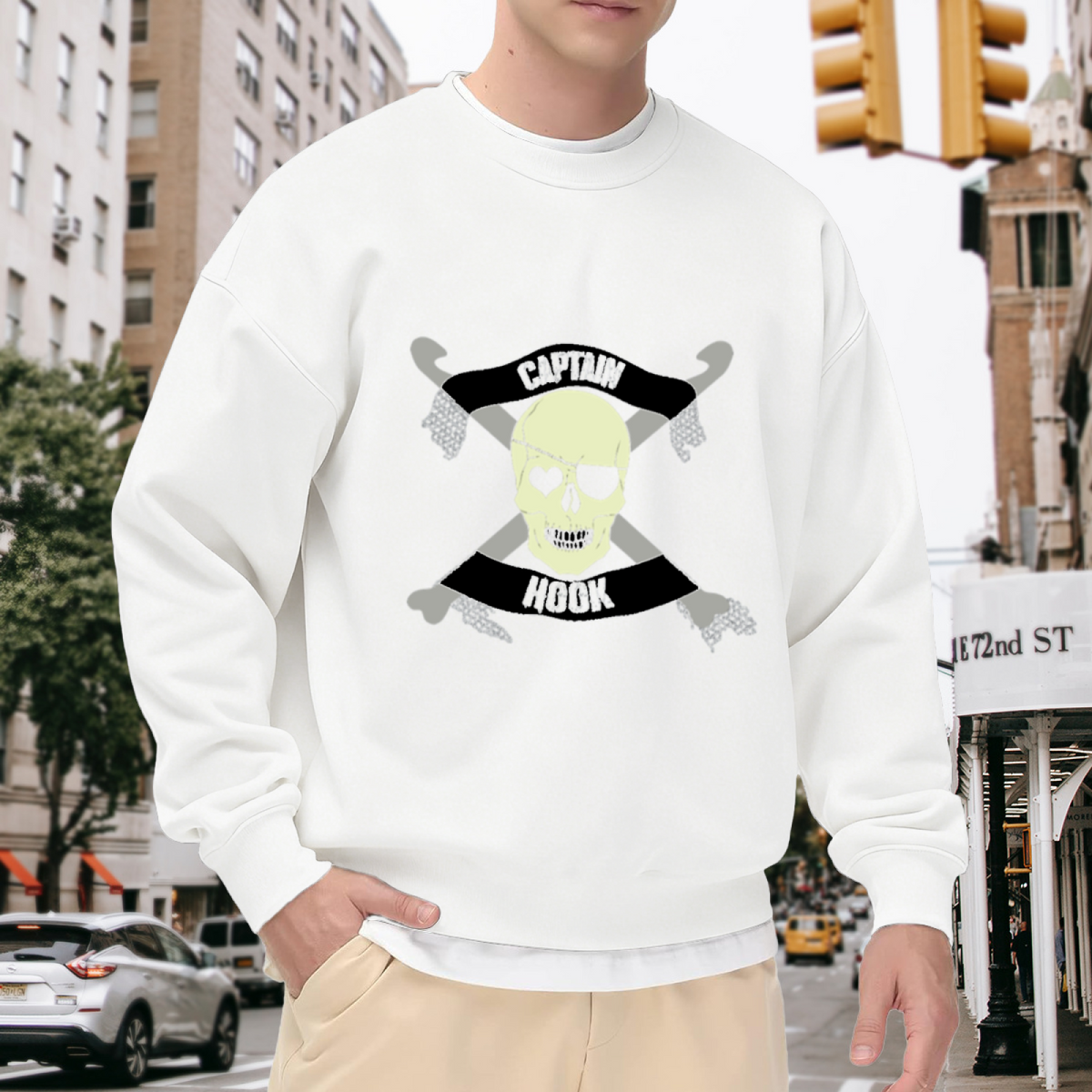 Captain Hook Skull Crossed Hooks Crewneck Sweatshirt, Vintage Pirate Graphic Pullover, Halloween Gift