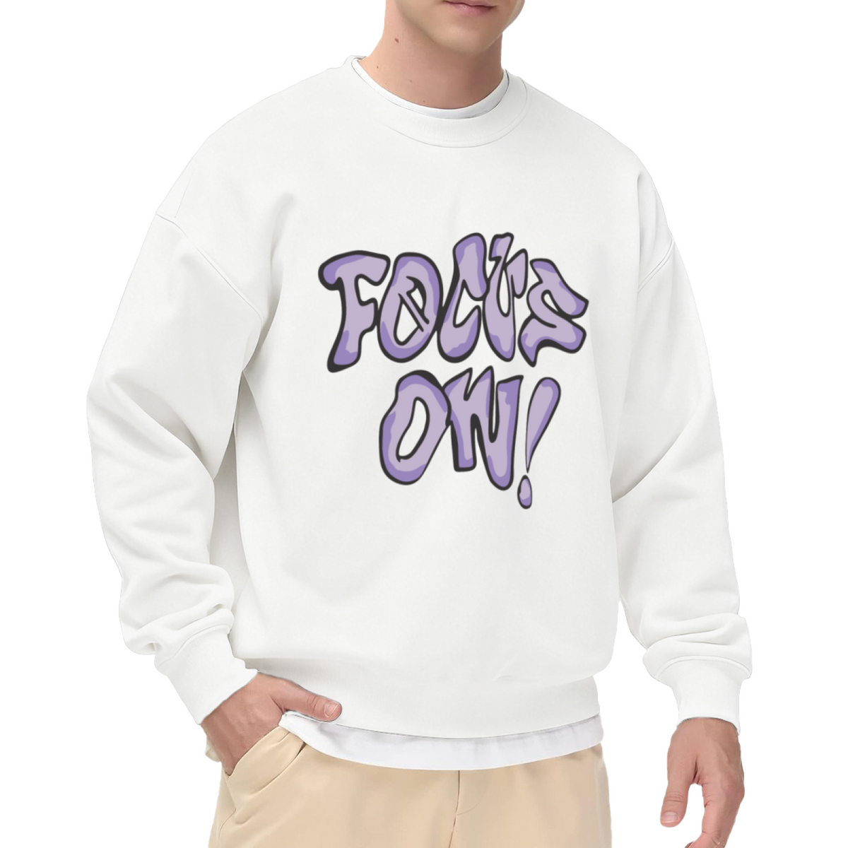 Focus On Graffiti Crewneck Sweatshirt - Bold Purple Street Art Pullover, Hype Streetwear Graphic, Urban Top