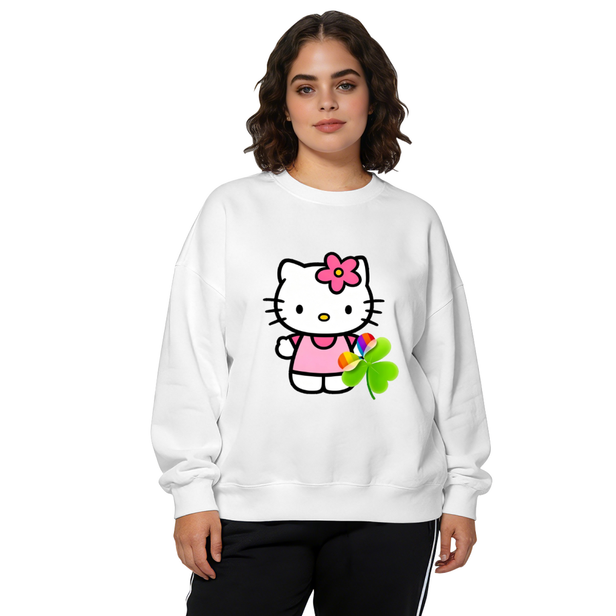 Cute Hello Kitty With Lucky Clover Print Crewneck Sweatshirt