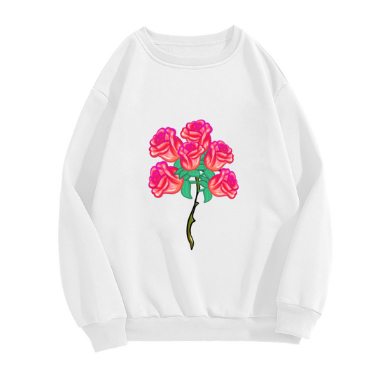 Pink Rose Bouquet Crewneck Sweatshirt | Vintage Floral Flower Pullover, Cartoon Rose Stem Graphic Top, Romantic Gift