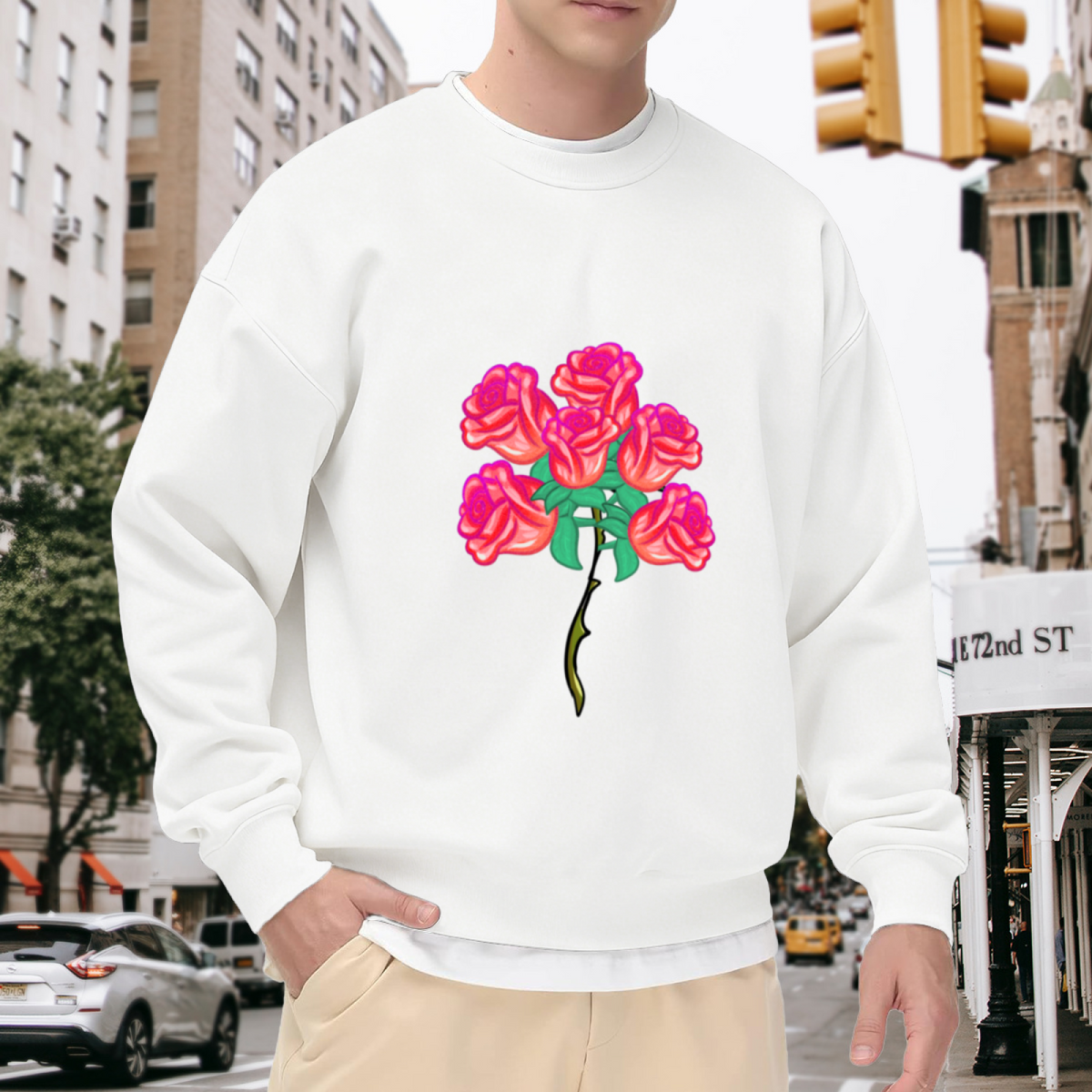 Pink Rose Bouquet Crewneck Sweatshirt | Vintage Floral Flower Pullover, Cartoon Rose Stem Graphic Top, Romantic Gift