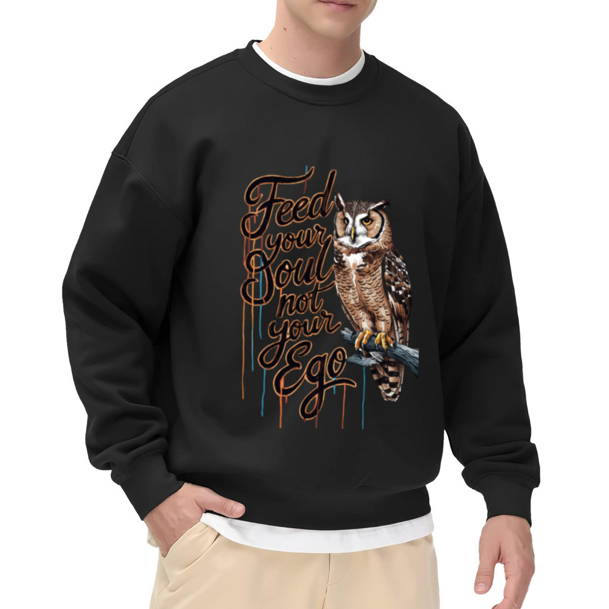 Feed Your Soul Not Your Ego Sweatshirt | Owl Graffiti Quote Graphic Crewneck, Motivational Street Art Pullover Top, Spiritual Gift for Women Men