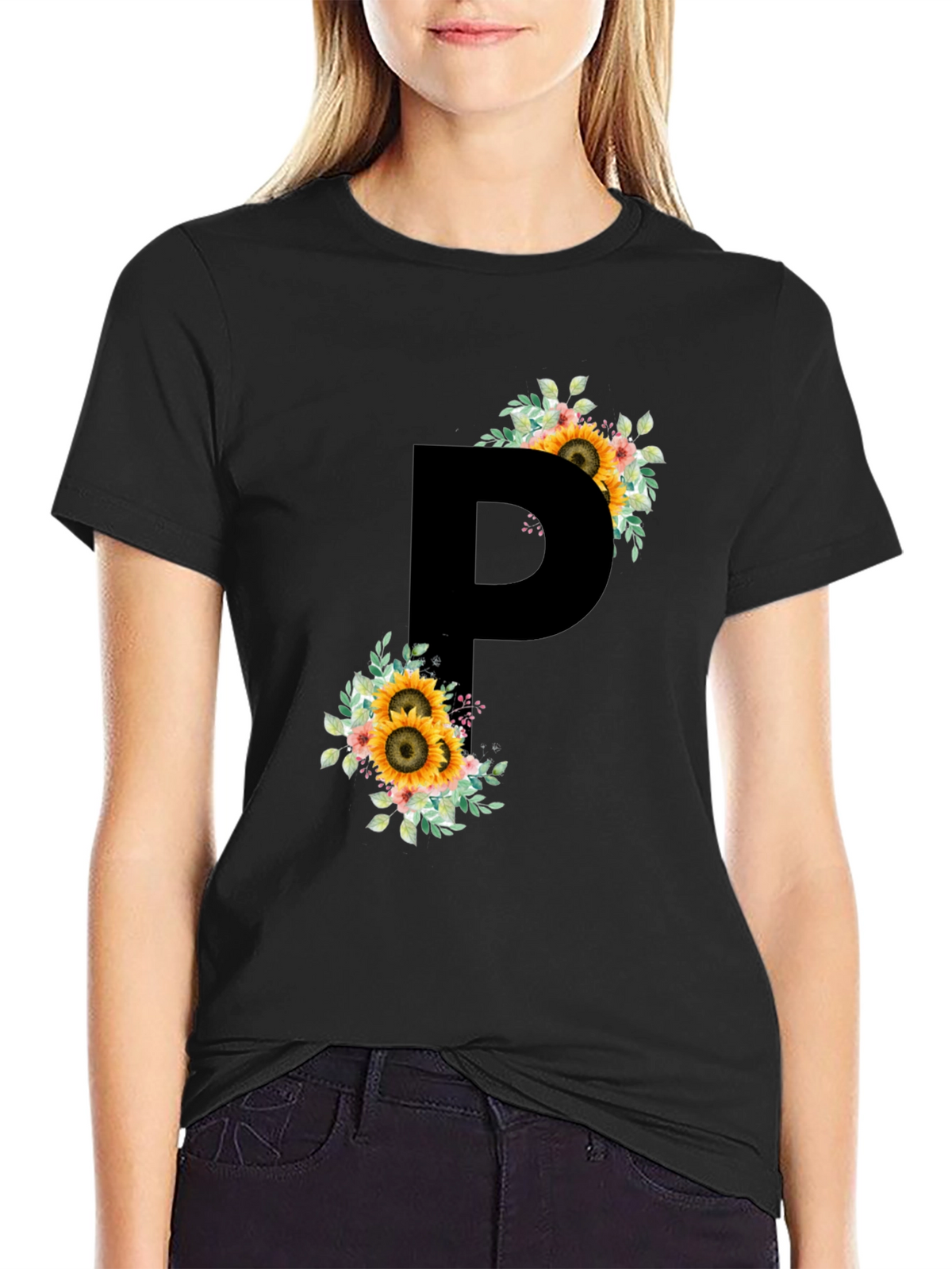 Sunflower Letter P Black T-Shirt