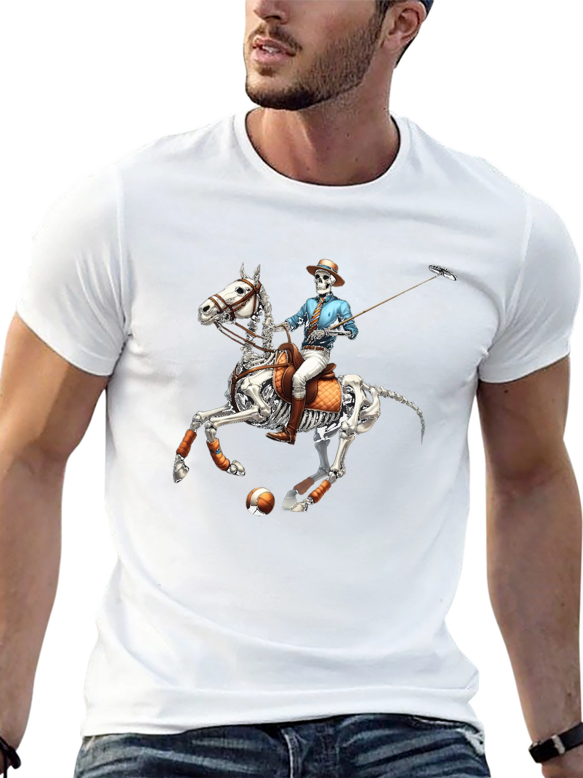 Skeleton Polo Player Graphic Tee - Unique Halloween Shirt