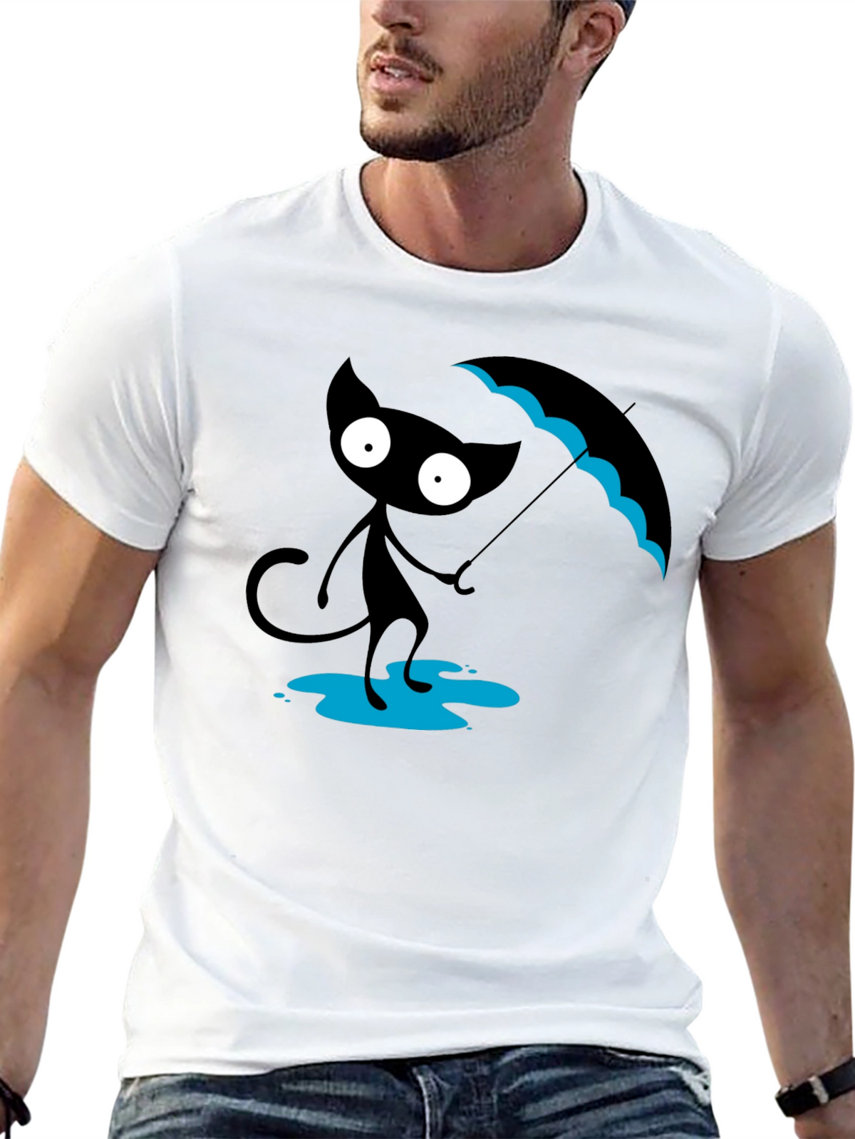 Black Cat with Umbrella T-Shirt