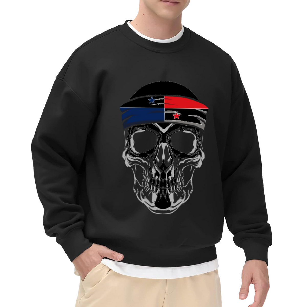 Skull Bandana Headwear Crewneck Sweatshirt, Biker Skeleton Streetwear Pullover, Edgy Graphic Gift