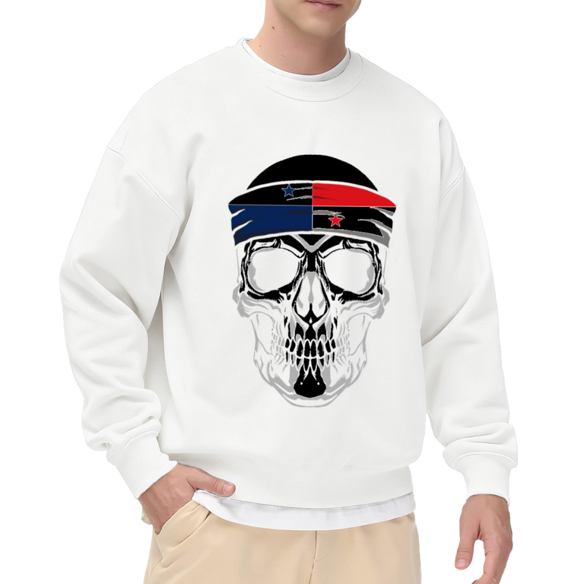 Skull Bandana Headwear Crewneck Sweatshirt, Biker Skeleton Streetwear Pullover, Edgy Graphic Gift