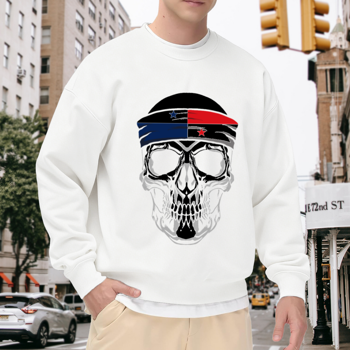 Skull Bandana Headwear Crewneck Sweatshirt, Biker Skeleton Streetwear Pullover, Edgy Graphic Gift