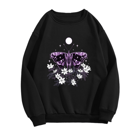 Ethereal Moth with Moon and Flowers Mystical Graphic Crewneck Sweatshirt