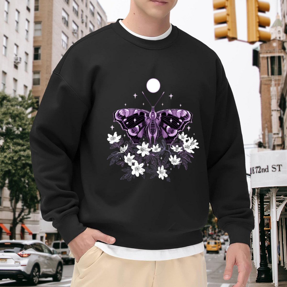 Ethereal Moth with Moon and Flowers Mystical Graphic Crewneck Sweatshirt