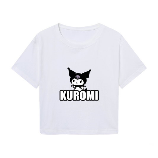 Bold Kuromi Letter Print White Cropped Top Edgy Sanrio Casual Crop Tee