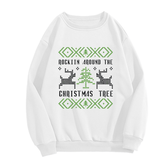 Rockin Around The Christmas Tree Crewneck Sweatshirt - Ugly Christmas Sweater Knit Style Pullover, Festive Holiday Top