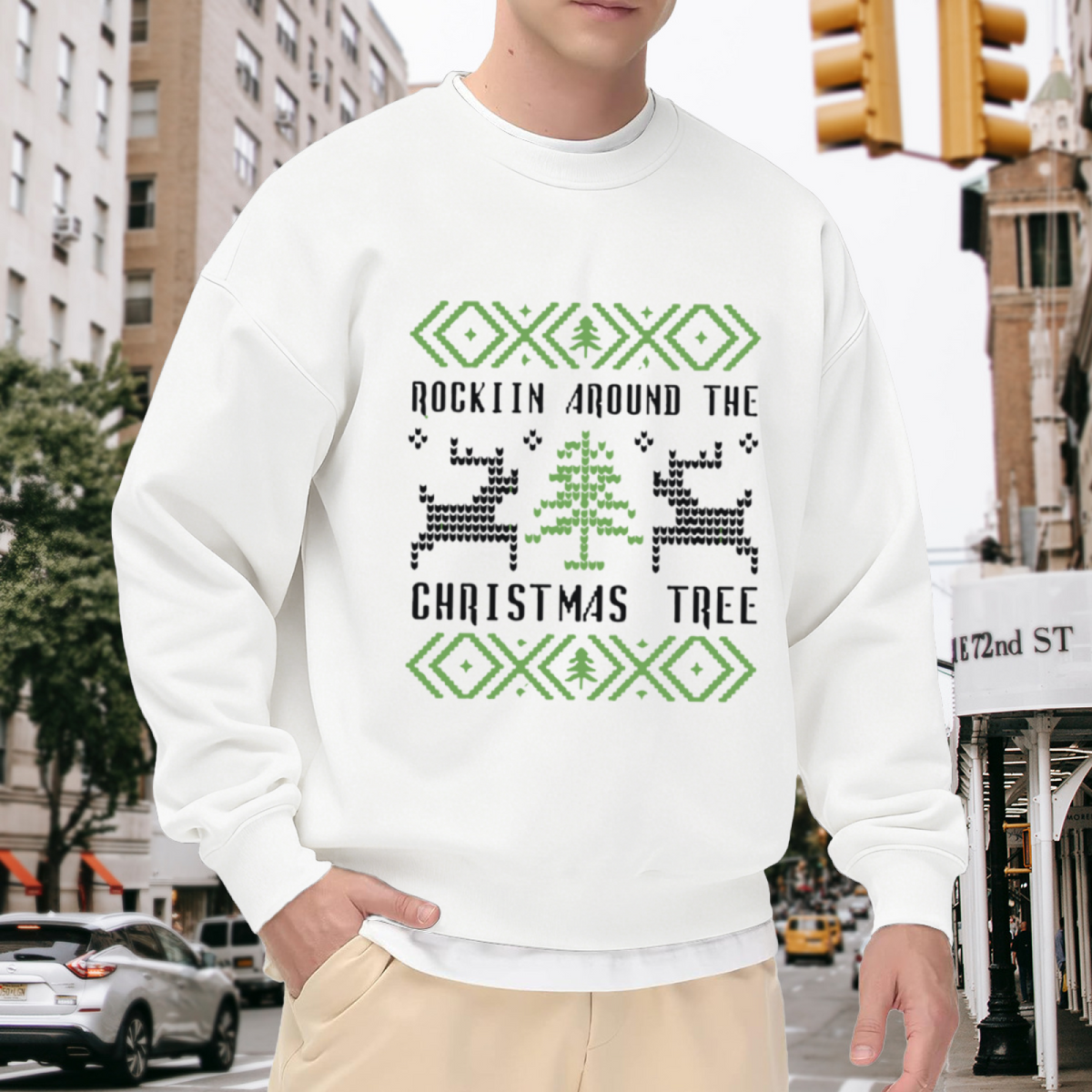 Rockin Around The Christmas Tree Crewneck Sweatshirt - Ugly Christmas Sweater Knit Style Pullover, Festive Holiday Top