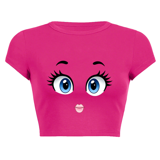 Big Cute Cartoon Eyes Hot Pink Y2K Crop Top