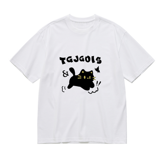 Playful Floppy Black Cat Chasing Butterfly Cute Cartoon Graphic Tee
