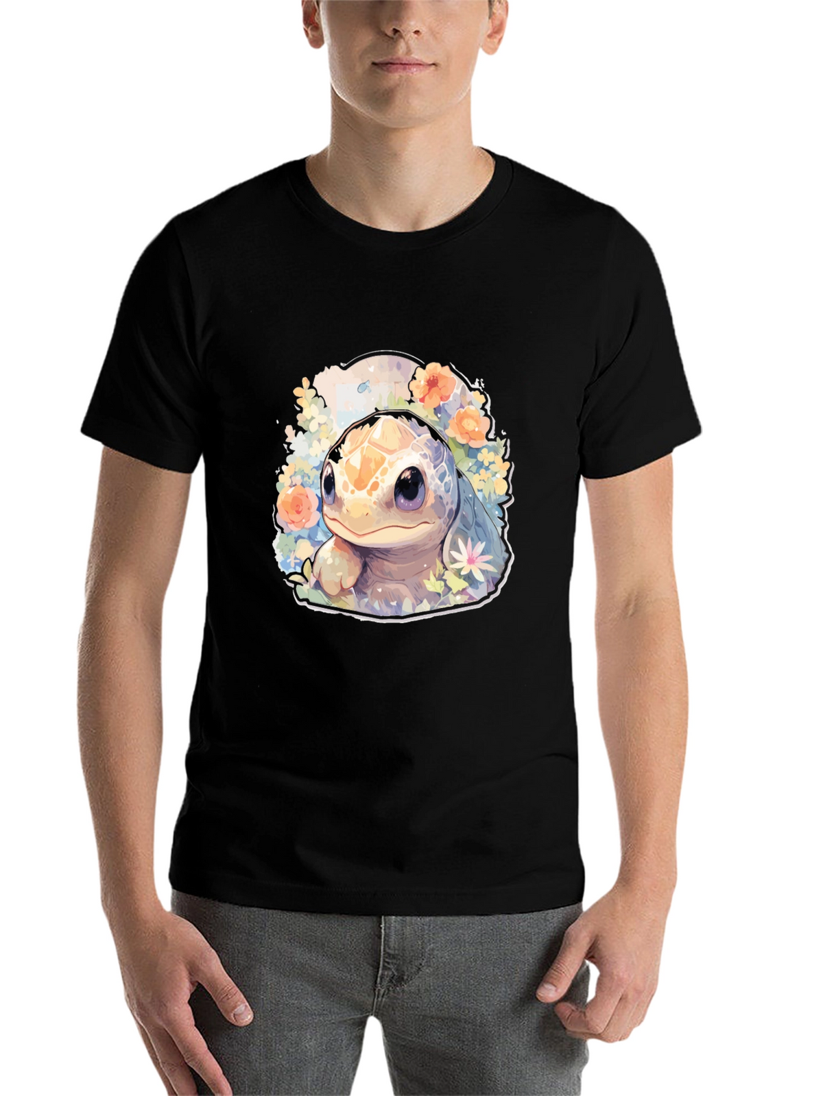 Cute Turtle Graphic Tee - Black Cotton T-Shirt