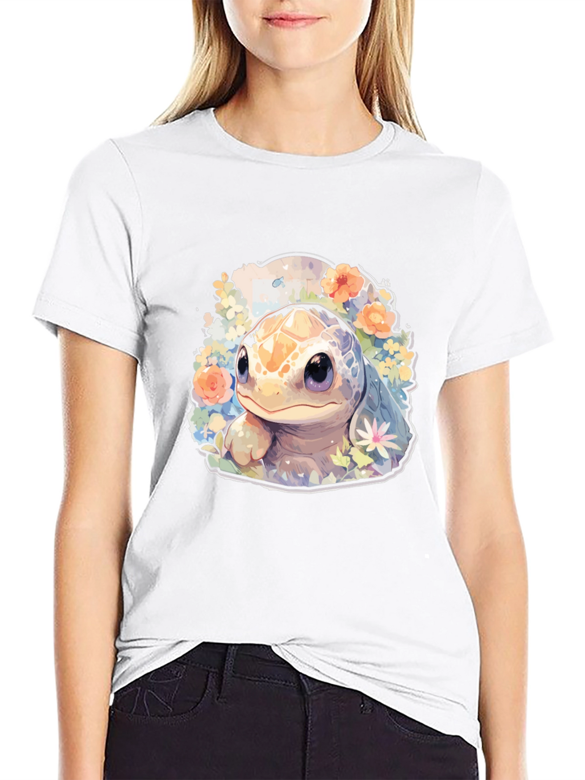 Cute Turtle Graphic Tee - Black Cotton T-Shirt
