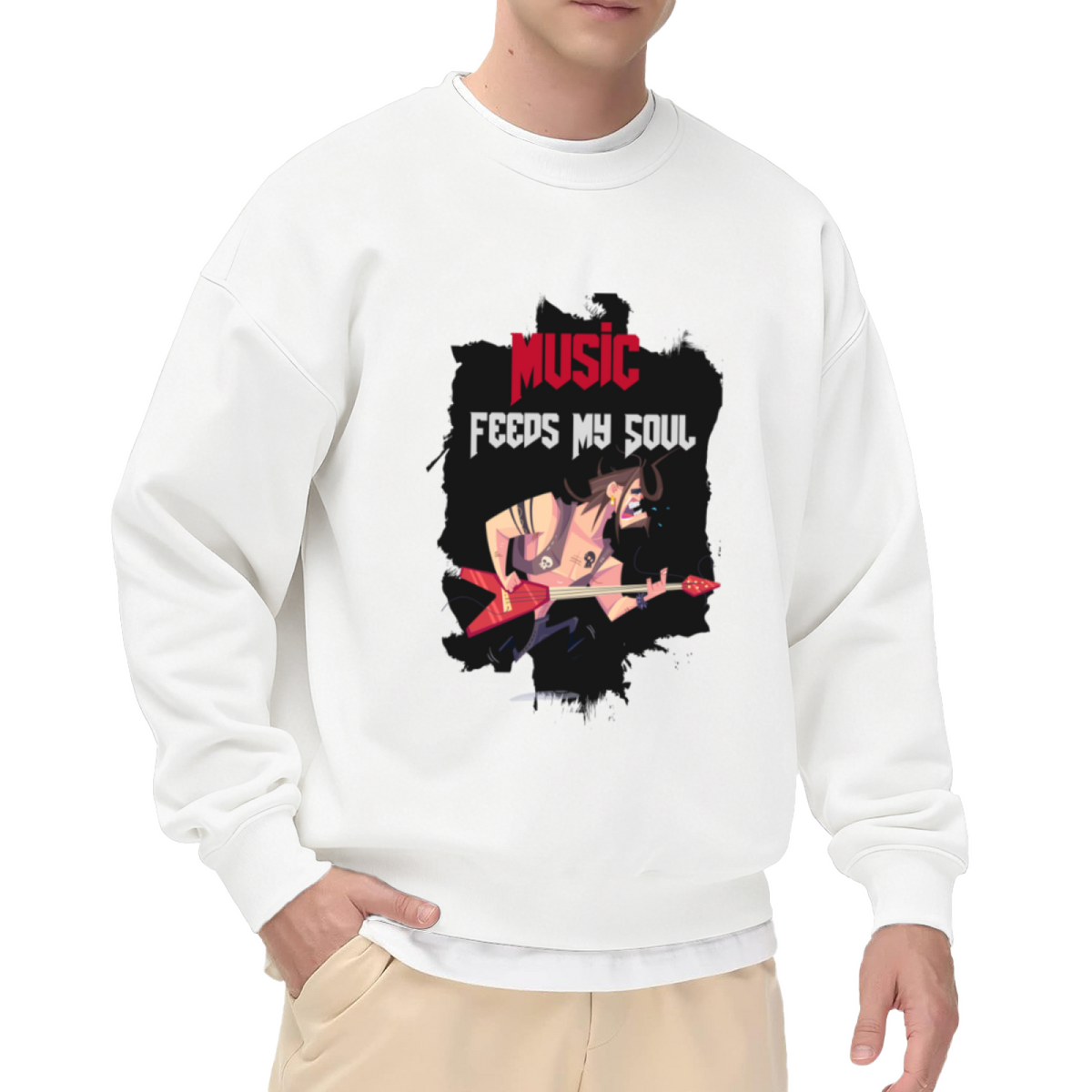 Music Feeds My Soul Crewneck Sweatshirt, Punk Rock Guitarist Graphic Pullover for Music Lovers