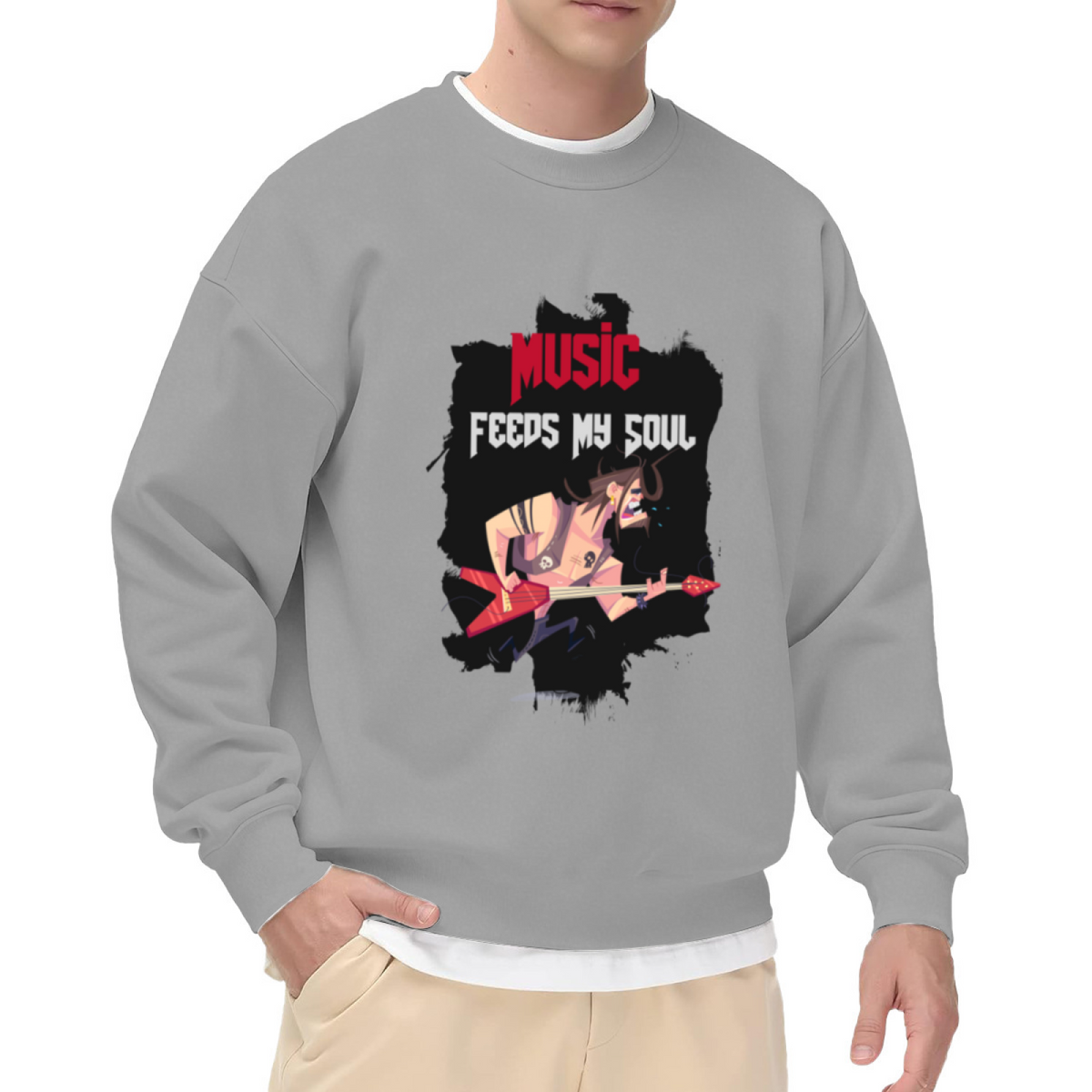 Music Feeds My Soul Crewneck Sweatshirt, Punk Rock Guitarist Graphic Pullover for Music Lovers