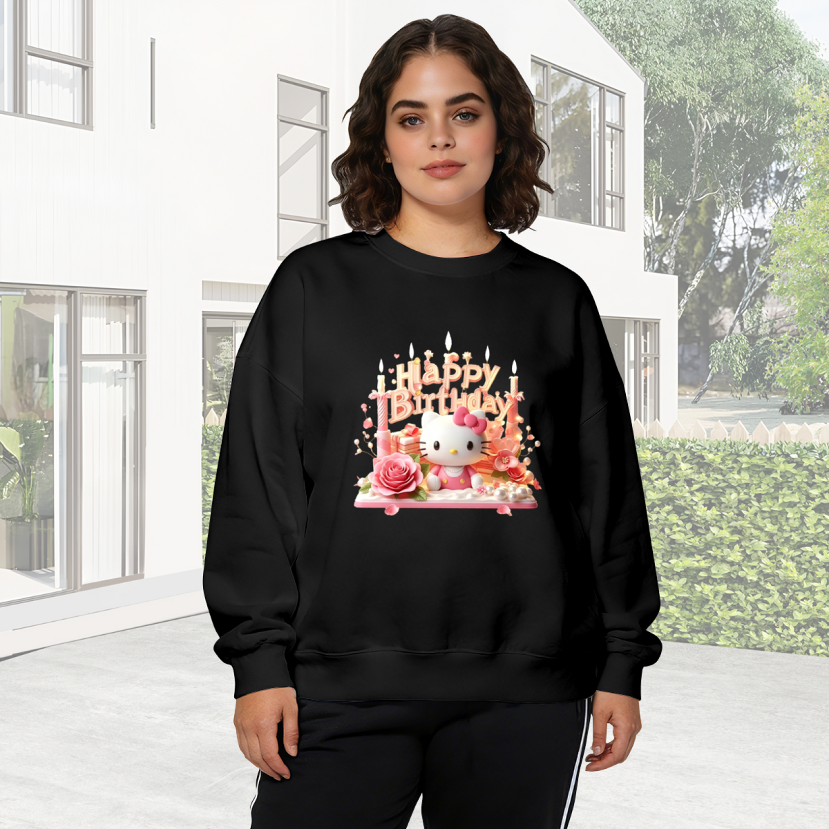 Glam Birthday Cake Hello Kitty Black Crewneck Sweatshirt