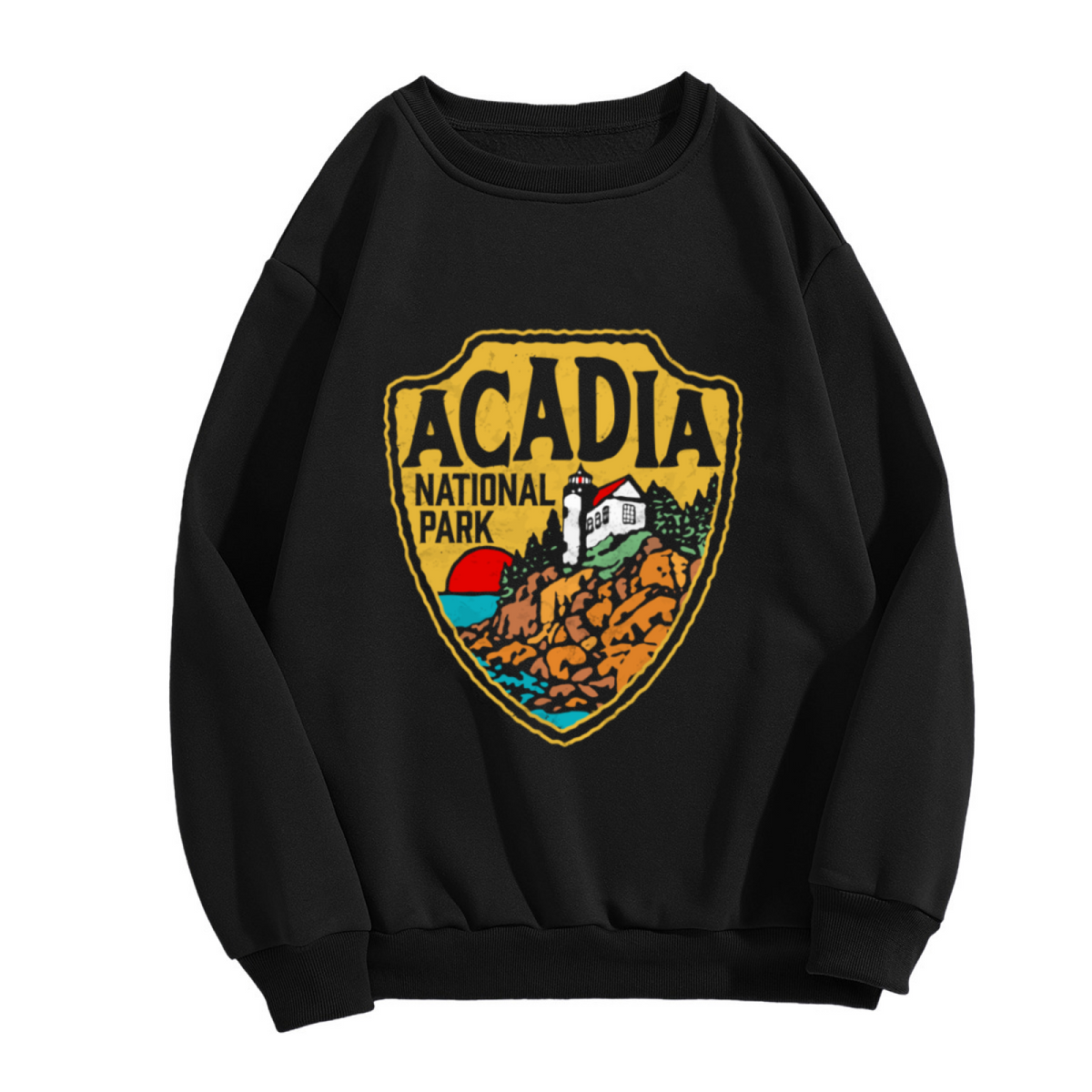 Acadia National Park Vintage Trail Badge Crewneck Sweatshirt | Retro Lighthouse Coastal Patch Pullover, National Park Gift