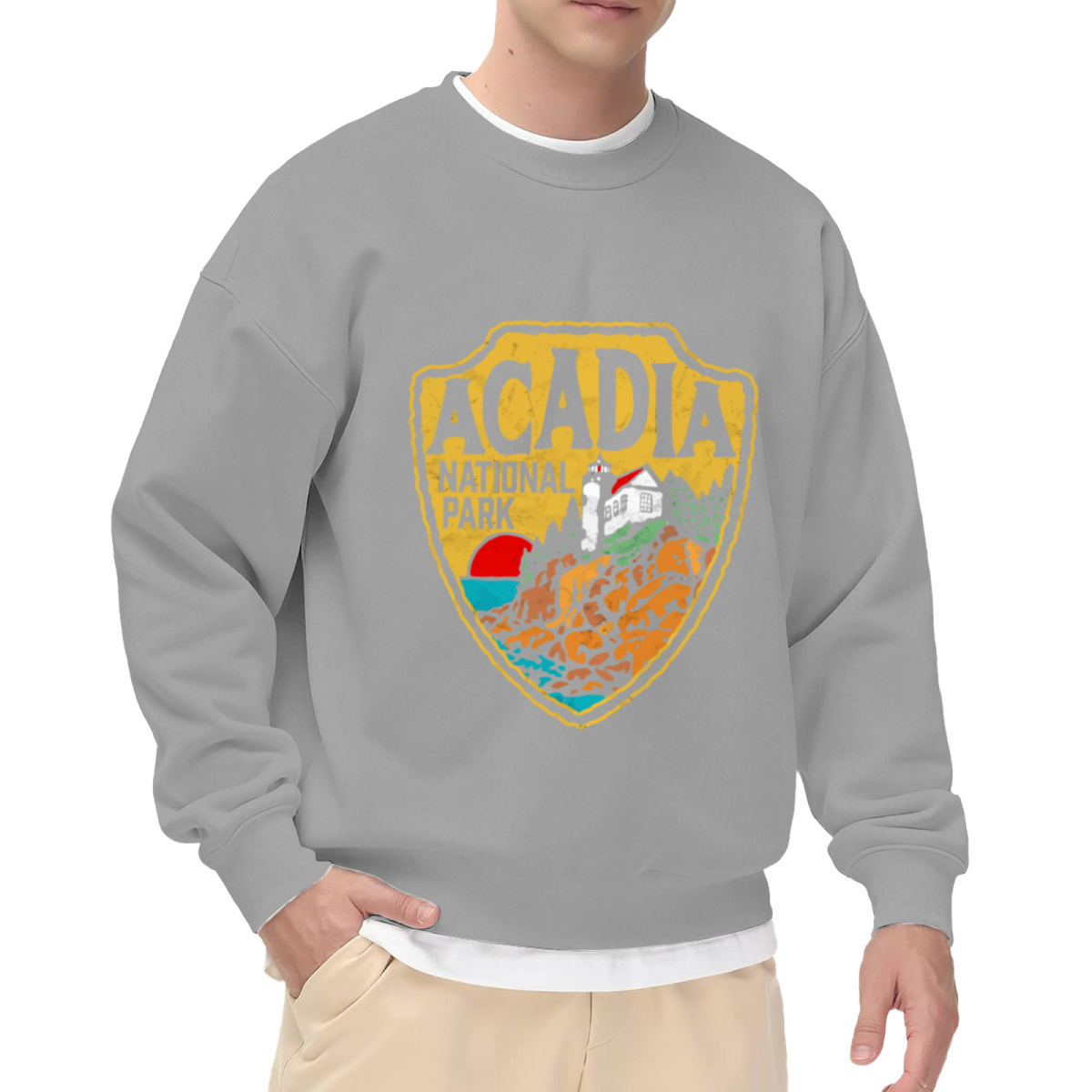 Acadia National Park Vintage Trail Badge Crewneck Sweatshirt | Retro Lighthouse Coastal Patch Pullover, National Park Gift