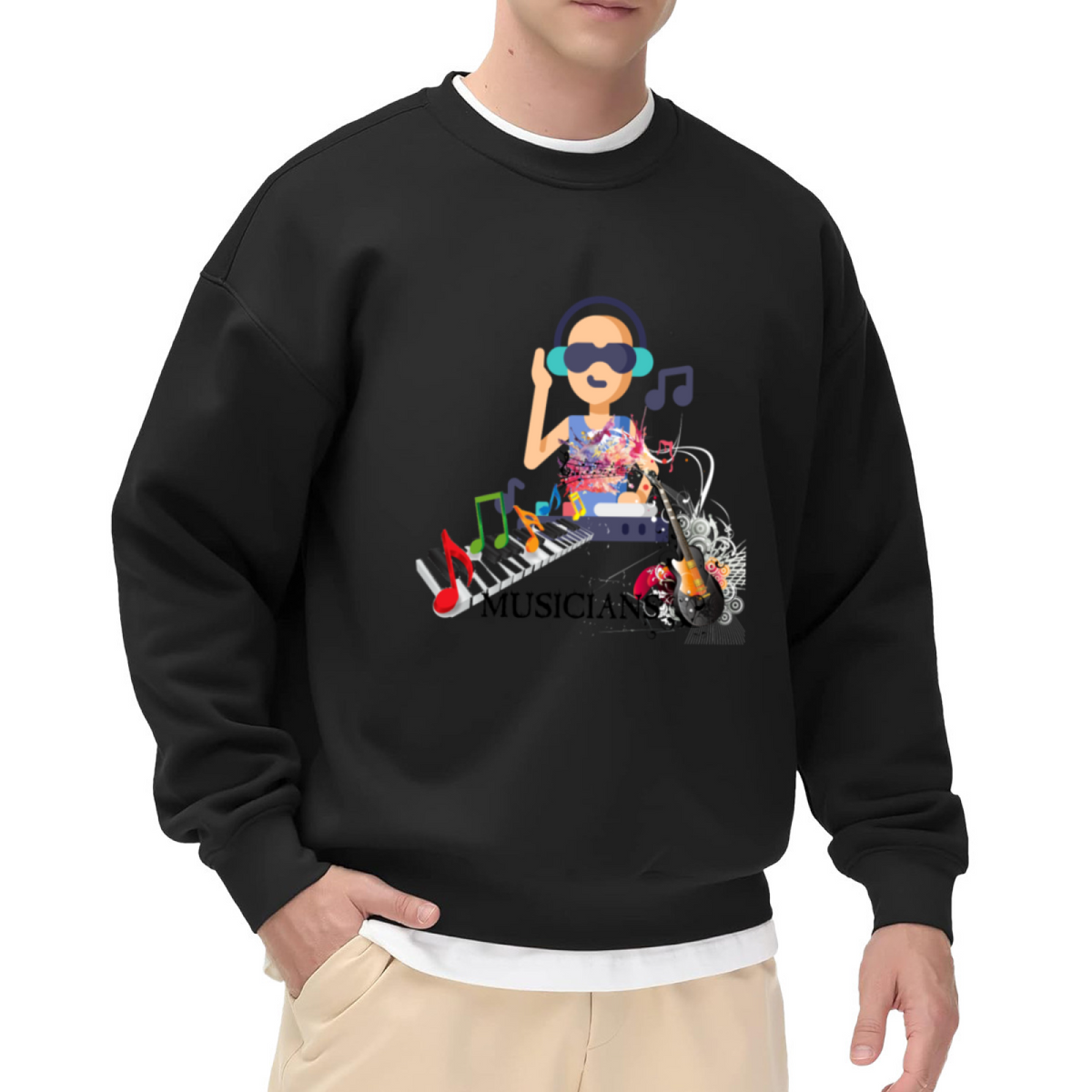 Musicians DJ Keyboard Guitar Colorful Collage Crewneck Sweatshirt | Music Lover Paint Splatter Pullover, Artist Gift