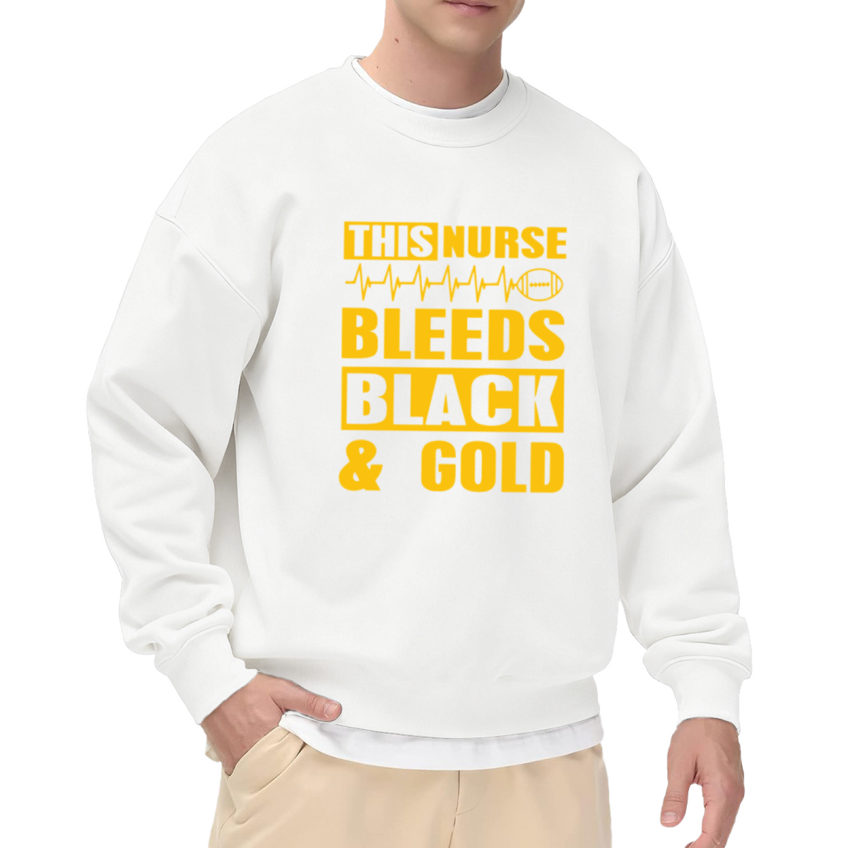 This Nurse Bleeds Black & Gold Crewneck Sweatshirt - Football Nurse EKG Graphic, Game Day Pullover, Nurse Gift for Her