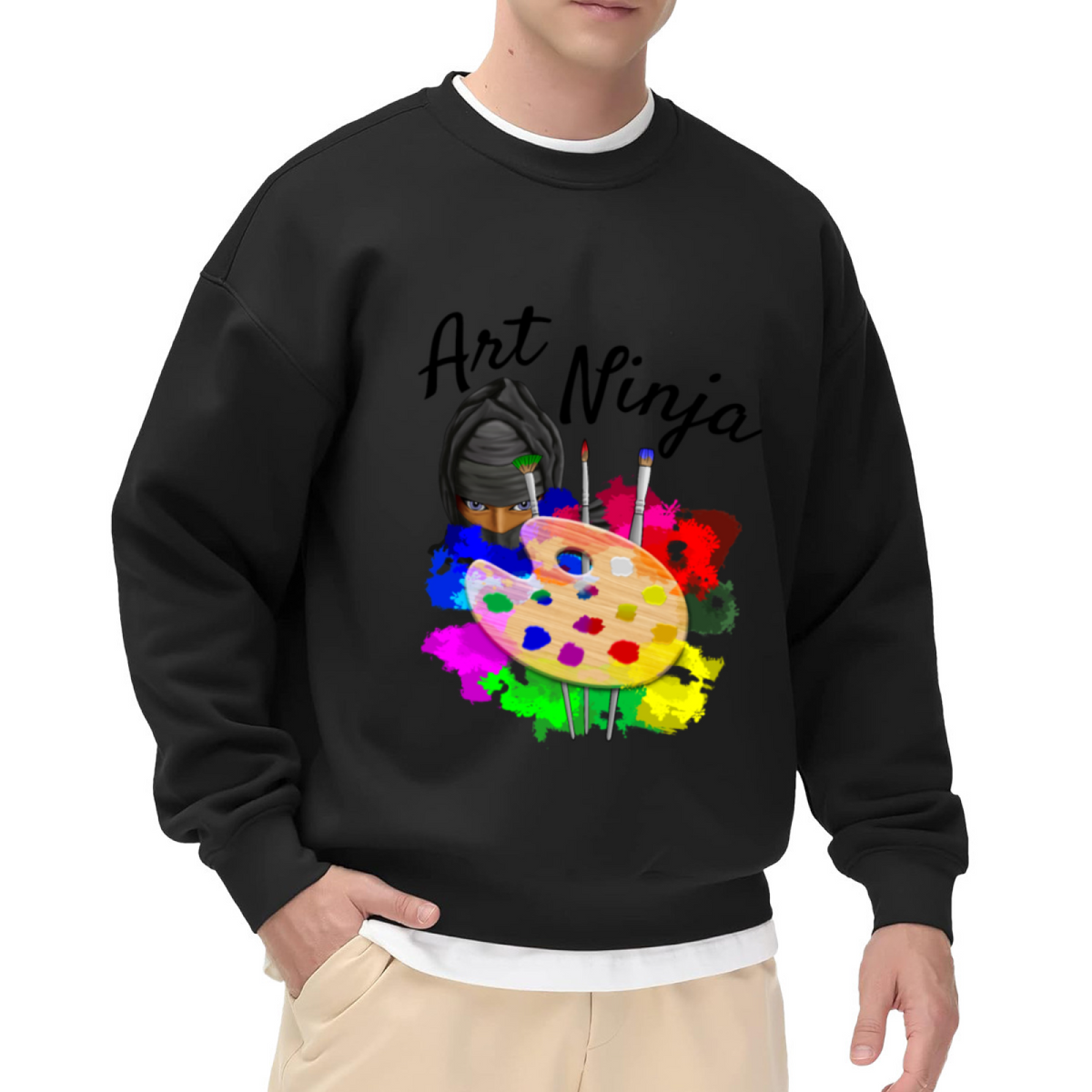 Art Ninja Sweatshirt | Cartoon Painter Palette Graphic Crewneck, Colorful Watercolor Pullover Top, Art Teacher Gift for Artists Creatives