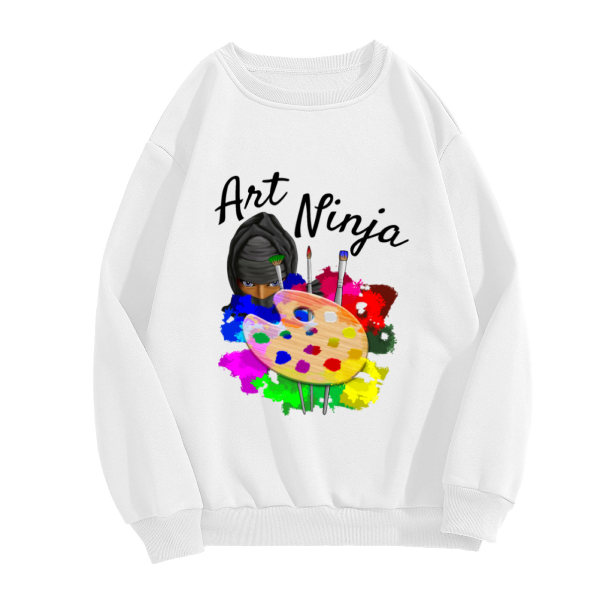Art Ninja Sweatshirt | Cartoon Painter Palette Graphic Crewneck, Colorful Watercolor Pullover Top, Art Teacher Gift for Artists Creatives