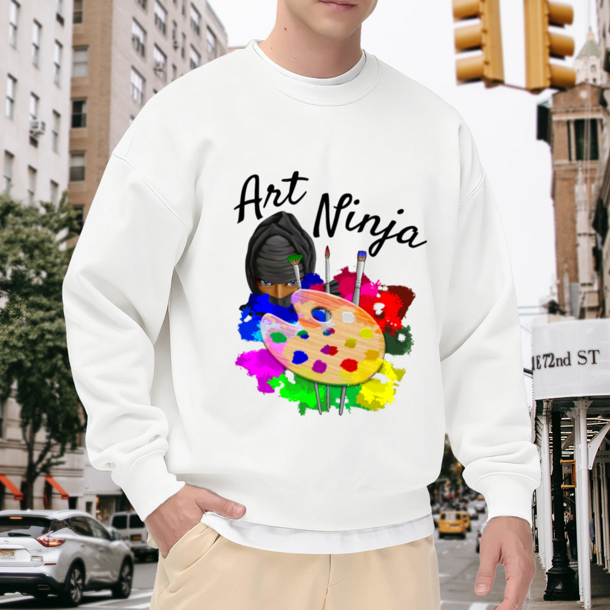 Art Ninja Sweatshirt | Cartoon Painter Palette Graphic Crewneck, Colorful Watercolor Pullover Top, Art Teacher Gift for Artists Creatives