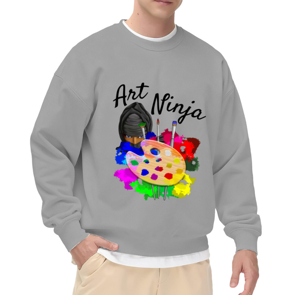 Art Ninja Sweatshirt | Cartoon Painter Palette Graphic Crewneck, Colorful Watercolor Pullover Top, Art Teacher Gift for Artists Creatives